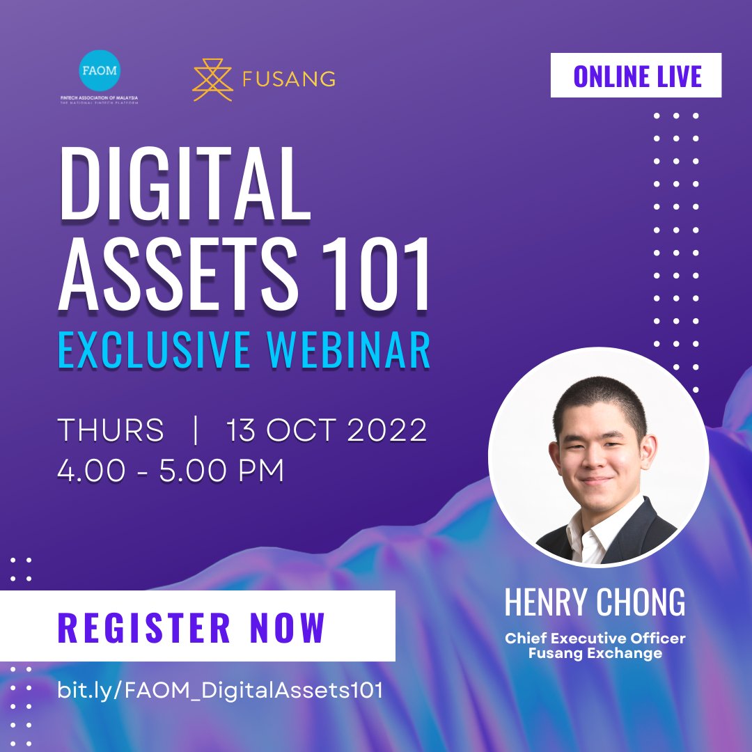 The emergence of the digital asset market has created a surge of new players and investors.

Join us for this webinar by FinTech Association of Malaysia and <a href="/FusangOfficial/">FUSANG</a> to understand the true potential of tokenisation.

👉lnkd.in/g-XqpGWg