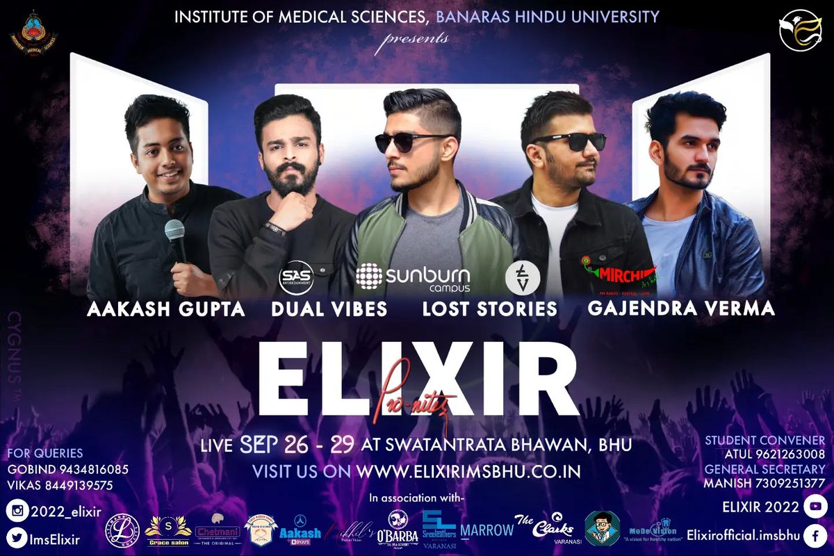 ImsElixir's tweet photo. Get your game shoes on people,cuz this party isn't ending anytime soon! 
Elixir'22 is proud to announce its celeb lineup for this year! The hilarious Aakash Gupta on the 27th,the one and only Gajendra Verma on 28th and double trouble with Lost Stories and Dual Vibes on the 29th. https://t.co/hzgqi7ac30
