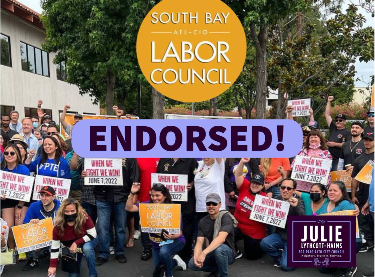 julie4paloalto's tweet photo. Excited to be endorsed by @sobaylabor! They're the largest grassroots political operation in the South Bay, and their worker-rights priorities include government accountability, healthcare access, affordable housing, and child care. I'm so honored to have their support! https://t.co/g4q0ZEQYcd