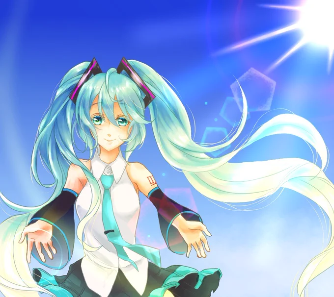 さあや(蓮音)さんのニッコリ優しく微笑むミクさん!青空、キラッと光る太陽が爽やかで(・∀・)イイ!!【】 #piapro #初音ミク 