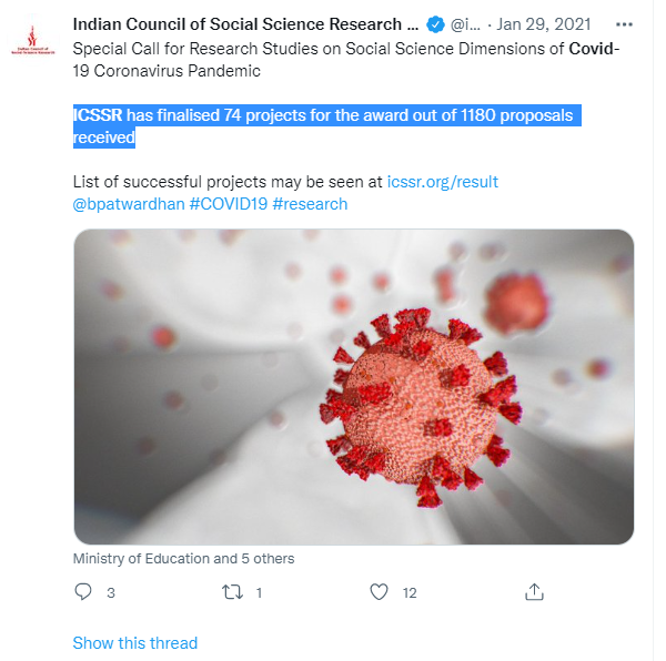 AlathurSreejith's tweet photo. Successfully completed the ICSSR Covid project ... My proposal was one among the 74 projects for the award out of 1180 proposals received to ICSSR https://t.co/ZONaeOK25C