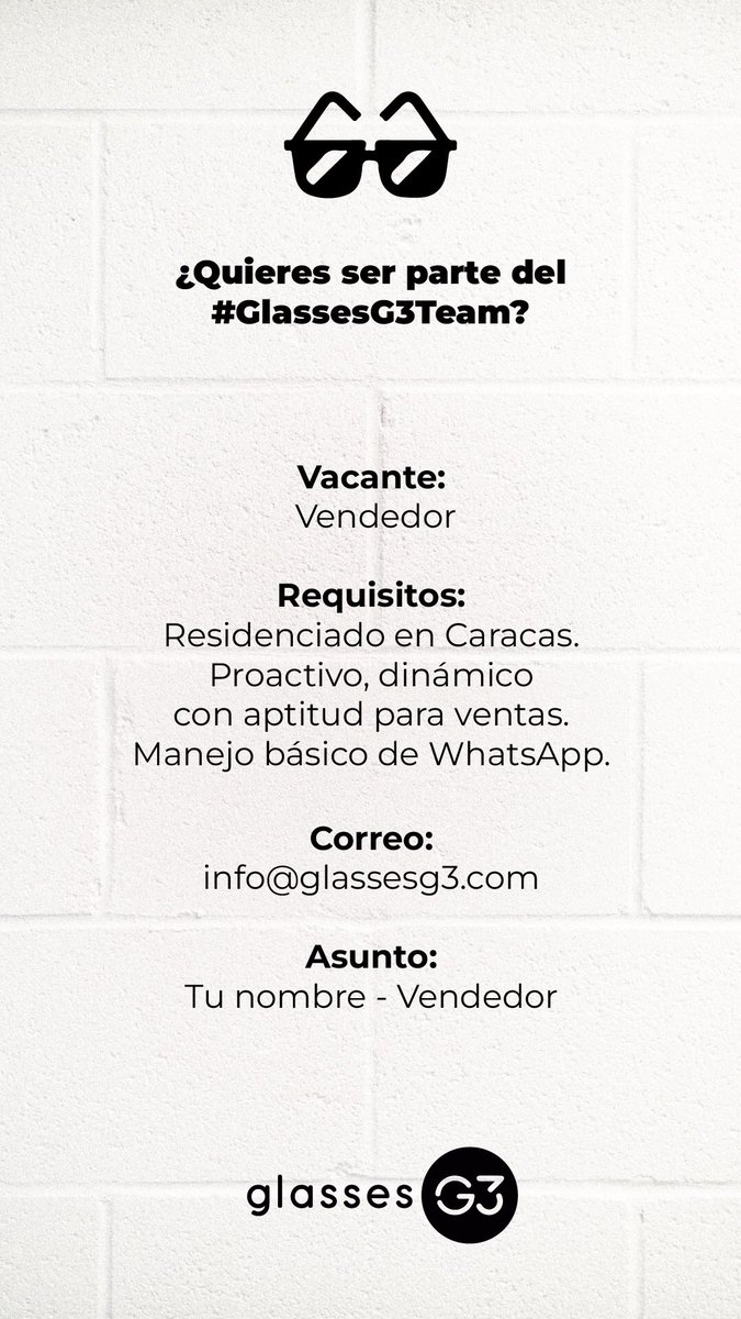 GlassesG3's tweet photo. Te estamos buscando #vacante #vendedor #encargado #lentes #caracas https://t.co/9w0UpGha0u