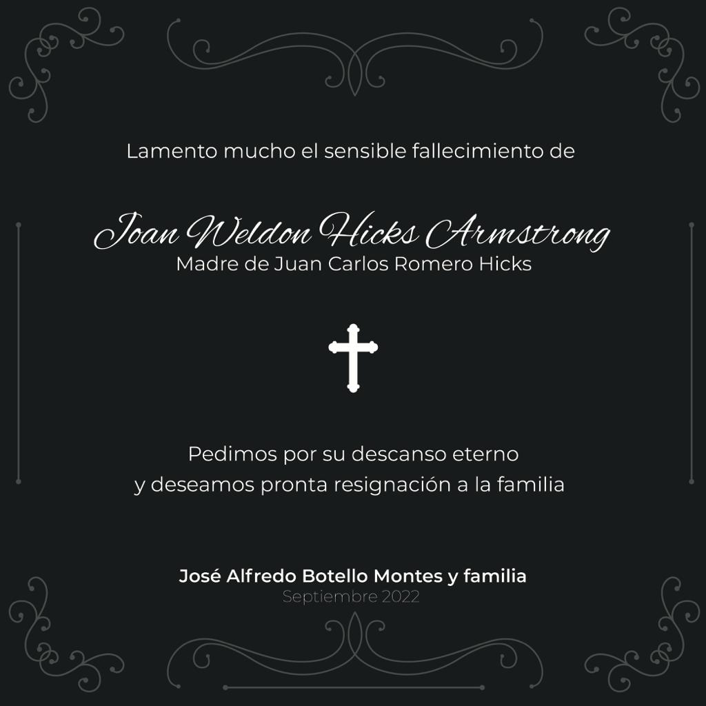 Lamento profundamente el fallecimiento de la madre de <a href="/JCRomeroHicks/">Juan Carlos Romero Hicks</a>.  Descanse en paz. Pedimos por su descanso eterno. Un abrazo.