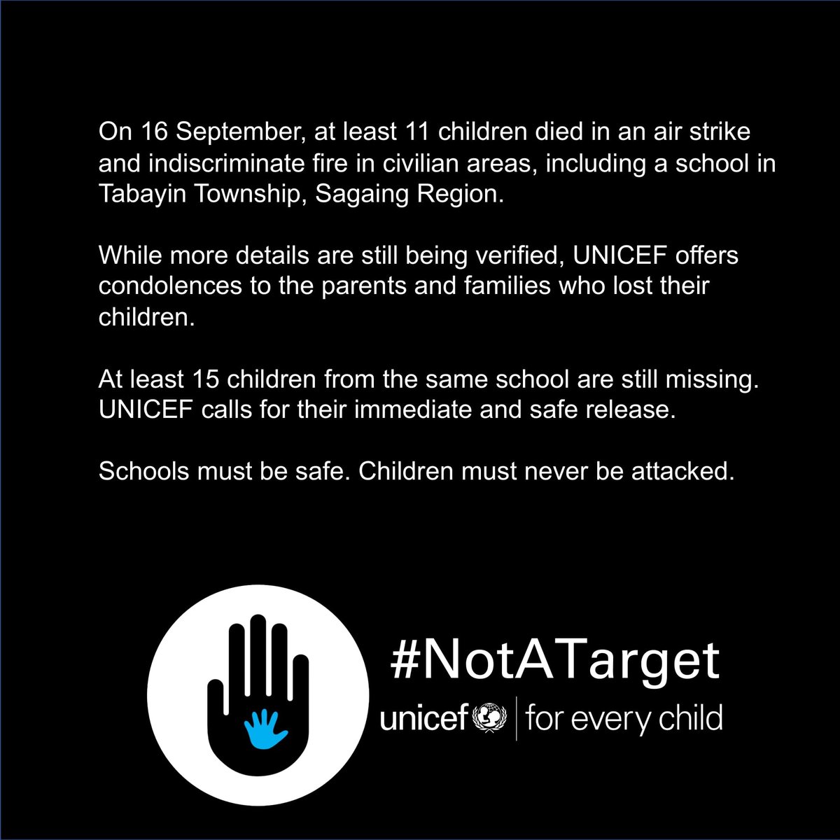 DVB_English's tweet photo. UNICEF Myanmar expressed its “condolences to the parents and families of children” killed in a junta airstrike but refused to attribute responsibility to the regime in a statement posted on social media. “On 16 September, at least 11 children died in an air strike and.../1 https://t.co/qhtKegSFGW