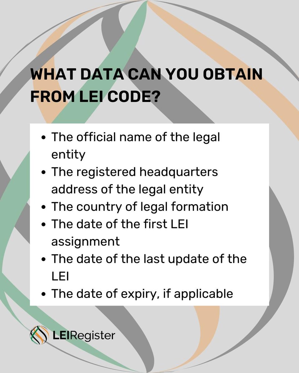 LegalentityI's tweet photo. The unique 20-digits LEI code is a global identification code for legal entities. In the coming years, LEI has the potential to become the only valid identification code for entities all over the world. Here is the data that can be obtained from the LEI code.
#datafromlei #global https://t.co/wspZqVkwtN
