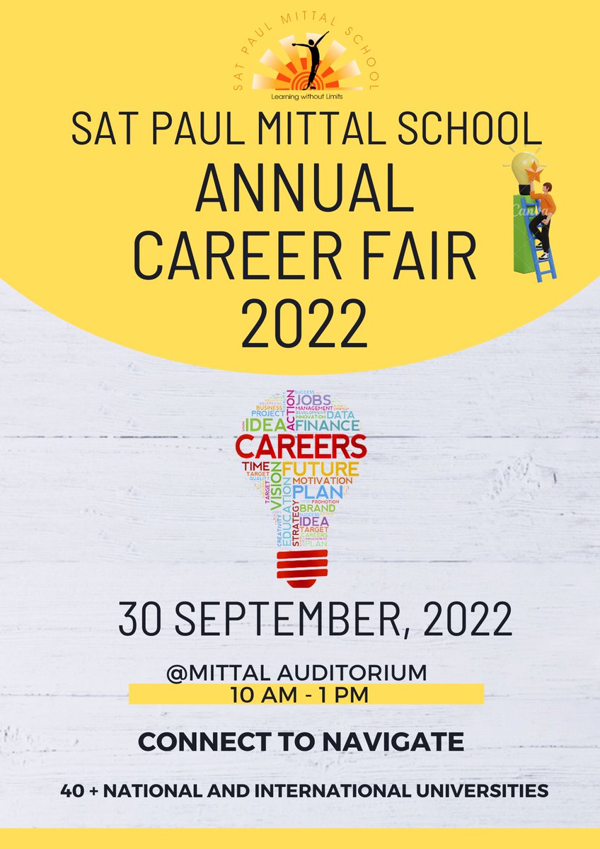 Looking forward to your presence for interaction with renowned National and International Universities at the #SatPaulMittalSchool Annual Career Fair on 30/9/22 between 10 am-1 pm

 #InstitutionOfExcellence
#Satyan #LearningWithoutLimits
#EmpoweredLeader #ResponsibleCitizen