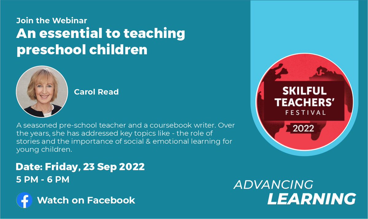 Join our upcoming webinar by Ms. Carol Read

Topic:  An essential to teaching preschool children
Date: Friday, 23 Sep 2022
Timings: 5 - 6 PM

Register at forms.gle/d2ufm5UftvfGkK…
to earn a certificate

WATCH ON FACEBOOK

#PreschoolTeaching

#MacmillanEducationIndia #Webinar