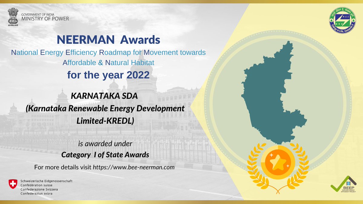 AwardsNeerman's tweet photo. #India moving towards a #Zerocarbon future

Karnataka SDA (Karnataka Renewable Energy Development Limited-KREDL) is awarded under Category I of State Awards by the jury for @beeindiadigital NEERMAN Awards at ANGAN 2022 on 15th Sept '22.

Congratulations to the team for the feat! https://t.co/4WaLp3MJnM
