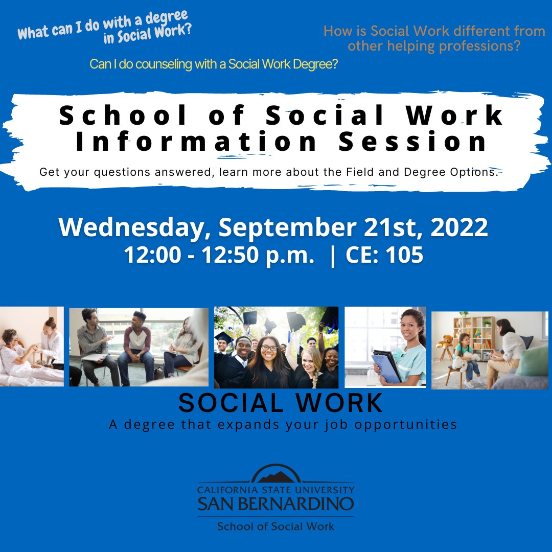 CSUSBSocialWork's tweet photo. Social Work Information Session! #CSUSBSocialWork @CSUSBAdmissions @csusb_transfer @csusbcareer https://t.co/zxrk9hSs28