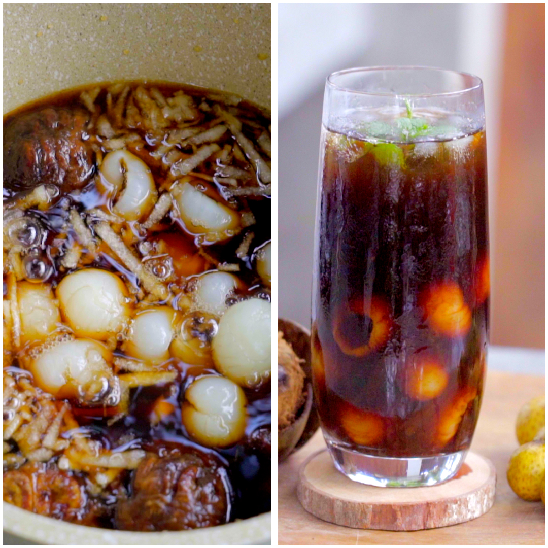 A split image shows a bowl of dark soup with white round ingredients on the left, and a tall glass filled with a dark iced beverage garnished with mint on the right.