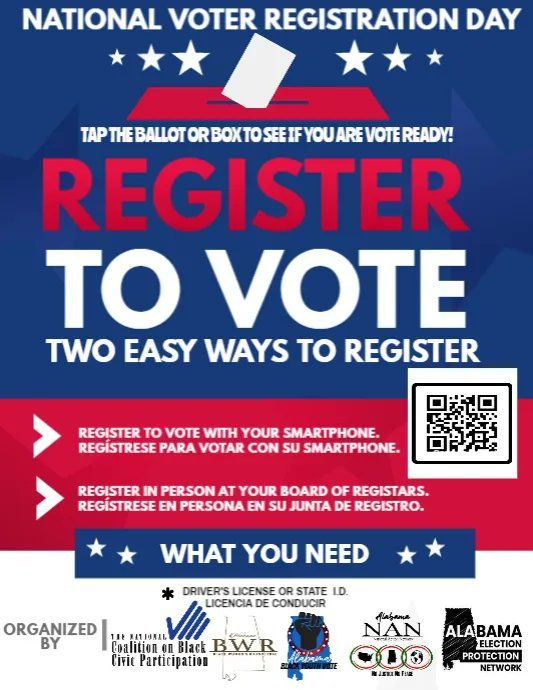 AlabamaBYV's tweet photo. Today is National Voter Registration day.  Do you know your status?  Every year thousands are purged because they fail to vote in each election. https://t.co/lLrmapYFl5