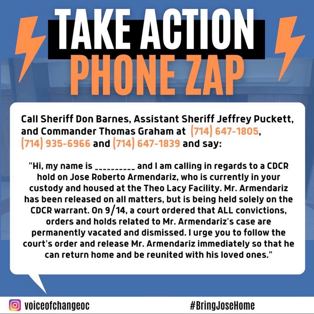 🚨 ACTION ALERT: Jose Armendariz's case was permanently dismissed by a judge last Wednesday, yet he remains in OCSD custody.

Call OCSD on Tuesday, 9/20 starting at 12PM to demand Jose be released immediately! #BringJoseHome