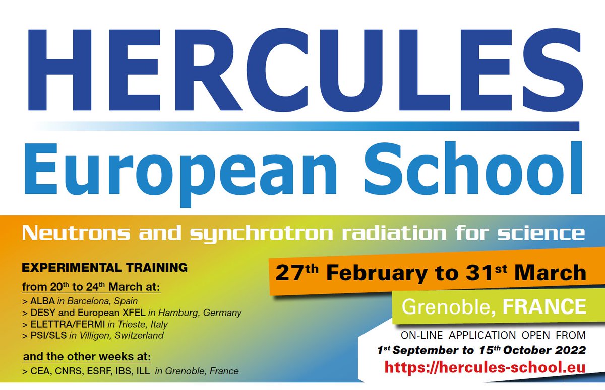 Hercules - THE school for neutrons and synchrotron radiation ☢️- has opened for applications. One of the best schools out there!  

When: 27th February to 31st March 2023
Application deadline:15th October 2022
apply here: hercules-school.eu
#Hercules #Synchrotron #Neutrons