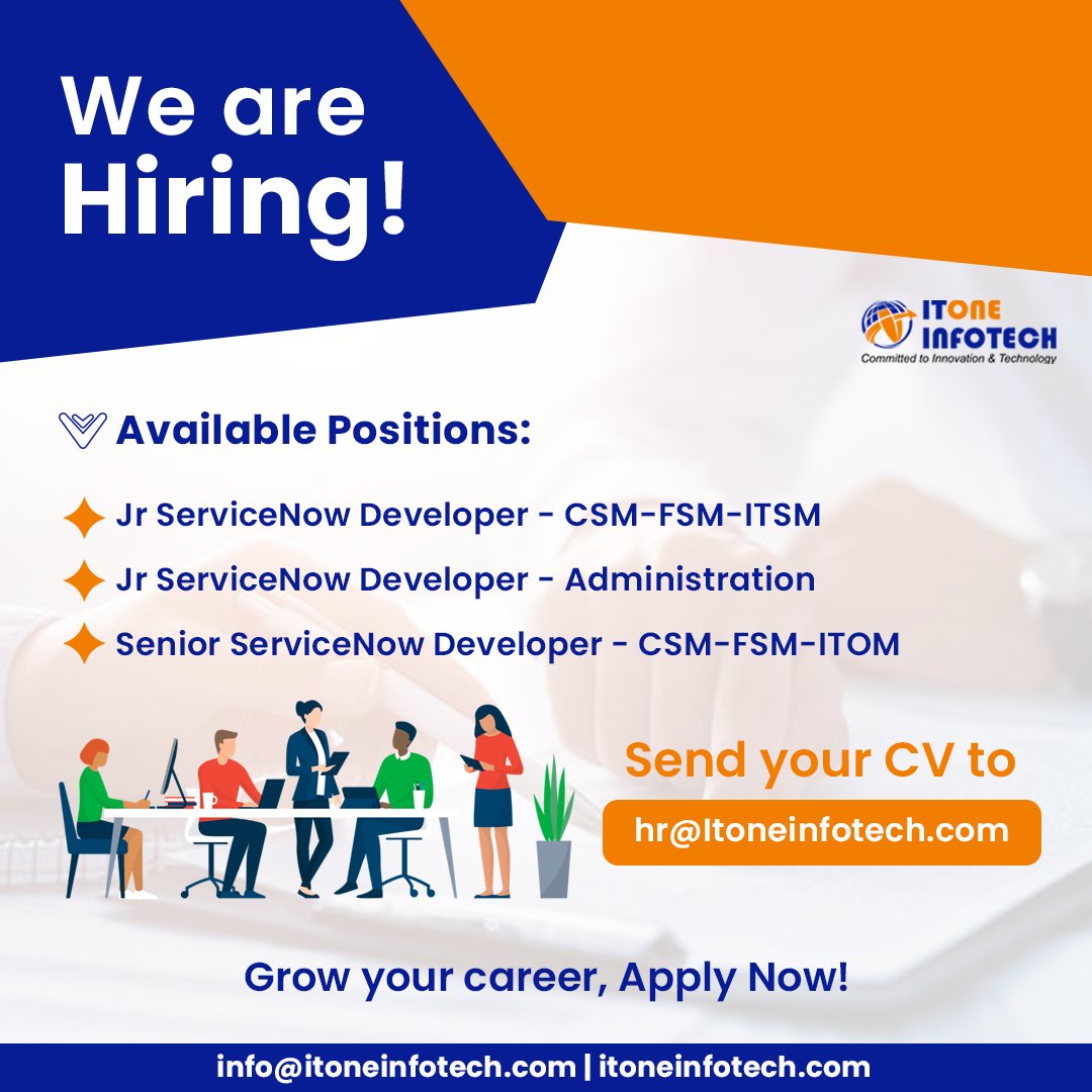 itoneinfotech's tweet photo. #HiringAlert 
We are looking for #ServiceNow Developers for Junior CSM-FSM-ITSM &amp; Administration profiles and Senior CSM-FSM-ITOM profile.

Experience: 2-5 Years
If interested, send your updated CV to hr@itoneinfotech.com.
https://t.co/LCtZo3QmBh

#WeAreHiring #Hiring #itone https://t.co/QGAZYD7paR