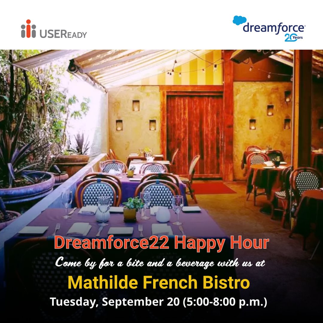 USEReadyInc's tweet photo. Hello, #Trailblazers #Dreamforce22, how about a #HappyHour on Tuesday!

Here's your opportunity to connect in person over heavy hors d'oeuvres in a charming hidden gem in the SOMA.​

Register here - https://t.co/OV0qVxeijv​  Sept 20,​ 5:00 Pm

#Salesforce #Tableau #USEReady #DF22 https://t.co/kQtom1vXDc