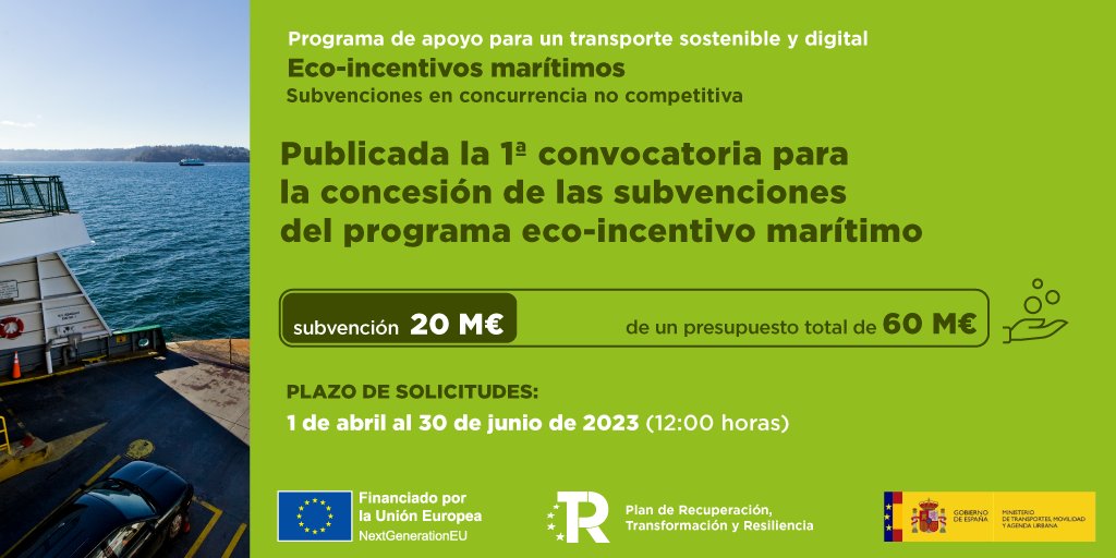 📢Publicamos la 1ª convocatoria para la concesión de 20M€ en ayudas del eco-incentivo marítimo. ➡️ Dirigido a transportistas, cargadores y operadores logísticos. ➡️Para mejorar el desempeño ambiental del transporte, incentivando que el camión suba al barco. #PlanDeRecuperación