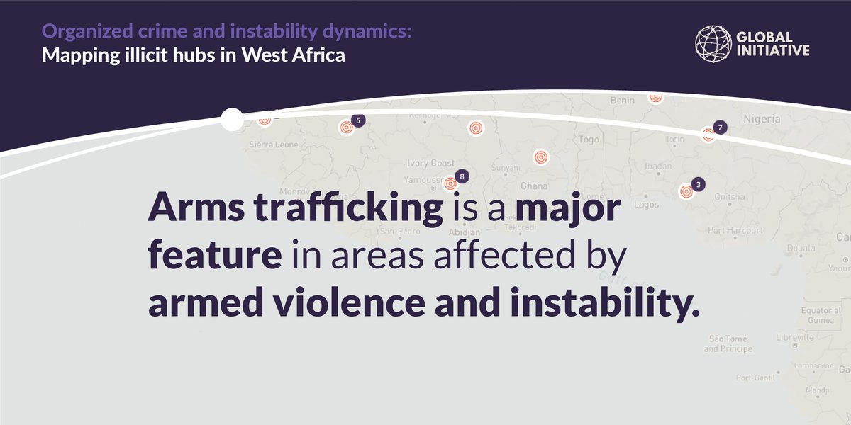 🔴 #ArmsTrafficking is a key market in more than half of all illicit hubs classified as ‘high’ and ‘very high’ by the Illicit Economies and Instability Monitor.

📍 This highlights the strong connection between arms trafficking and #instability in #WestAfrica.