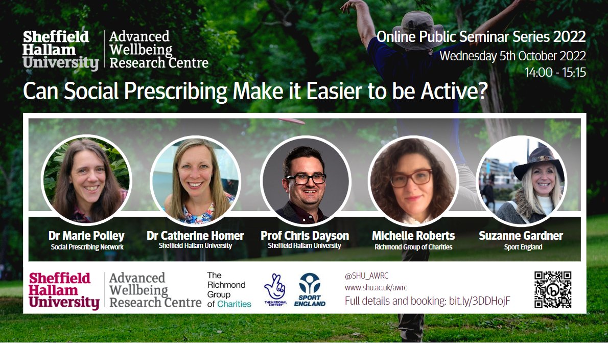 SHU_AWRC's tweet photo. The 22/23 AWRC Online Public Seminar Series gets underway next month!

The first of the series is from our Healthy &amp; Active 100 Research Theme

🏃‍♀️ Can #SocialPrescribing make it #EasierToBeActive?
📅 5 Oct 2022
⏰ 14:00 - 15:15

Book your free place now 👉 https://t.co/gYNs1O3NLk https://t.co/5fTsmkePvU