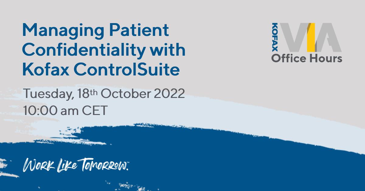 Schmidt_D's tweet photo. The next Office Hours webinar on 18 October will showcase how Kofax #ControlSuite improves patient care by ensuring confidentiality across paper-intensive #healthcare processes, with secure document capture, print and mobile workflows. Register here: https://t.co/ASuyhAc6ds https://t.co/73ilQVJsSo
