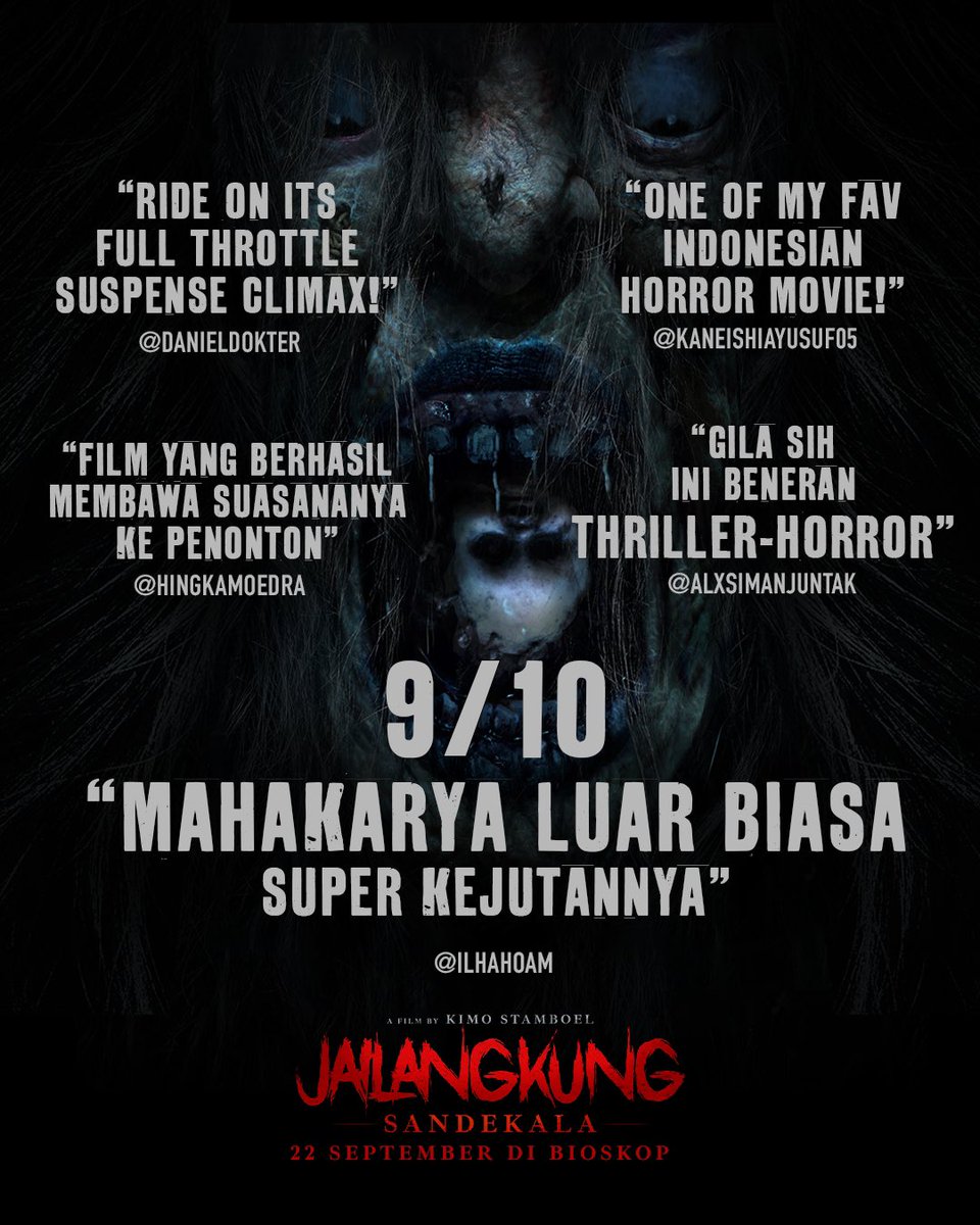 filmjailangkung's tweet photo. Inilah komentar teman-teman yang sudah nonton duluan di Gala Premiere Jailangkung Sandekala.

Mereka suka dengan cerita dan ketegangan yang disuguhkan oleh film terbaru @kimostamboel. 

22 September 2022, hajatan Jailangkung Sandekala akan dimulai. Tonton di bioskop ya! https://t.co/sh10uAMGtg