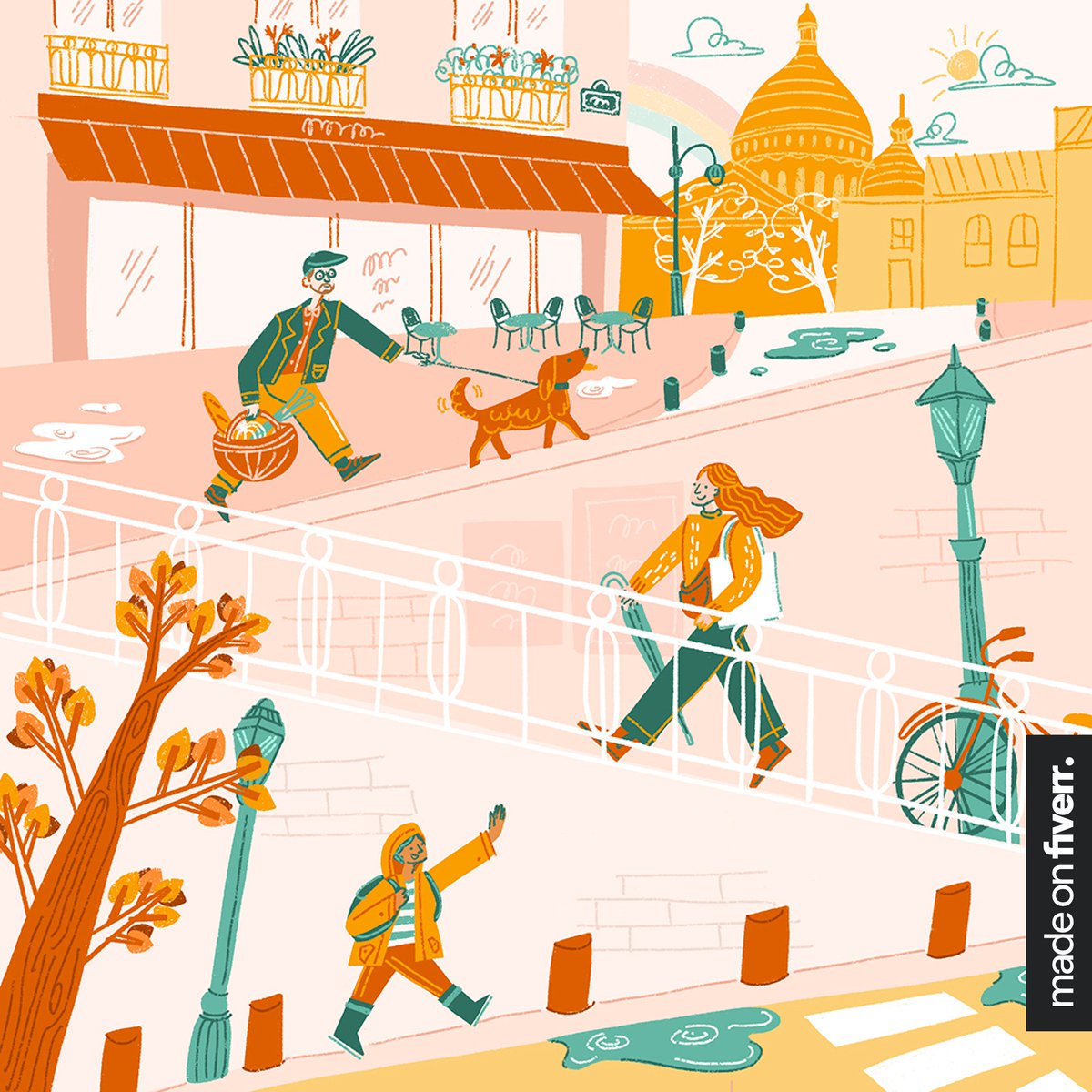 fiverr's tweet photo. We asked two Fiverr sellers who are based at opposite ends of the earth to show us what September looks like for them. 'byastridpr' (Paris, FR) illustrated a morning after rain in Montmartre. 'jazzbailey' (Wellington, NZ) drew a cool, crisp spring morning with native Tui birds. https://t.co/g7fajrFTXN