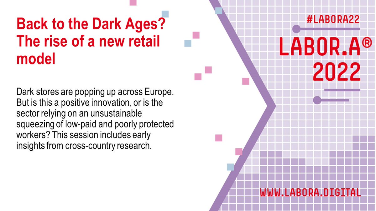Arbeit_Zukunft's tweet photo. e.g the #labora22 session "Back to the Dark ages? The  rise of a new #retail model in #Europe" at 12:30 am with Janine Berg @ilo Frank van Bennekom @FNV Steve Rolf @SussexUni @JNogarede @FEPS_Europe @UNI_Europa https://t.co/6N8NVImDrn