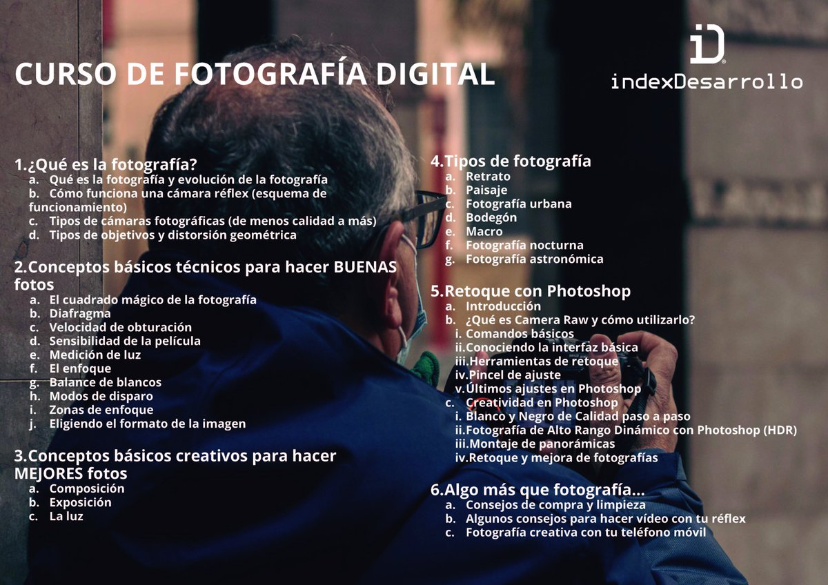 indexdesarrollo's tweet image. ¿Quieres aprender a hacer fotos como un profesional? 📸 Otro año más volvemos a sacar el curso de Fotografía Digital que hacemos junto a la A.VV. Tío Jorge Arrabal.
Sólo os tenéis que pasar por el local de la asociación en la calle Pano y Ruata 9-11 de 17 a 19h hasta el día 22.
