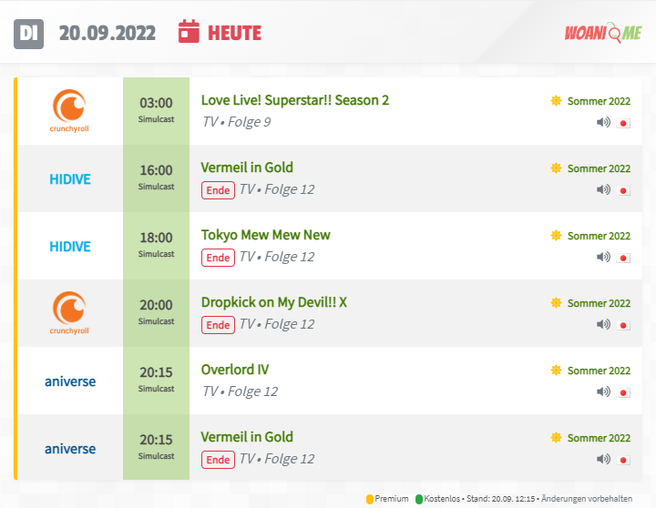 woani_me's tweet photo. Das #Anime #Streaming Programm für Dienstag, den 20.09.
Der Dienstag leert sich - die letzten Folgen von #TokyoMewMewNew, #DropkickonmyDevilX und #VermeilinGold! https://t.co/QZtQ7xgW87