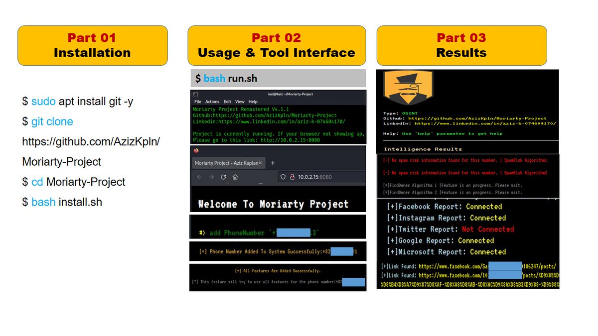 techniquesOsint's tweet photo. #OSINT tool for phone number investigation, tries to find out the following information 
-Connected Social media accounts 
-Comments about given number 
-Ownership
-Spam risk 
-Public links   
Github Repo: https://t.co/HBXxsArPV4
YouTube: https://t.co/atWlsa79KV https://t.co/qIsIiwc7Lt
