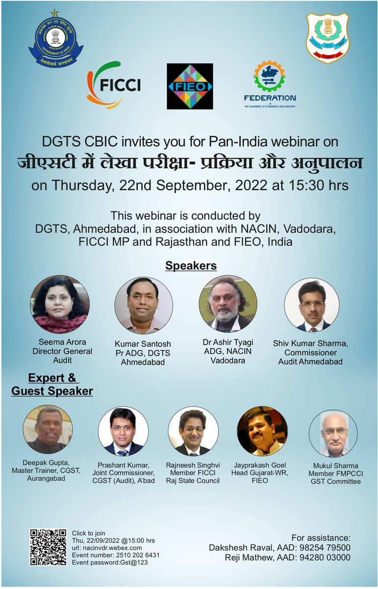 AhmedabadDgts's tweet photo. DGTS, CBIC, Ahmedabad with NACIN, Vadodara, FIEO, Gujarat and FICCI MP &amp; Rajasthan invites all for a PAN India Webinar in Hindi on “जीएसटी में लेखा परीक्षा -प्रक्रिया और अनुपालन”on 22.9.2022 from 3:30 pm followed by interactive Q&amp;A session.
Click to join:
https://t.co/2XqGLpxv85 https://t.co/88wKz6NxYD