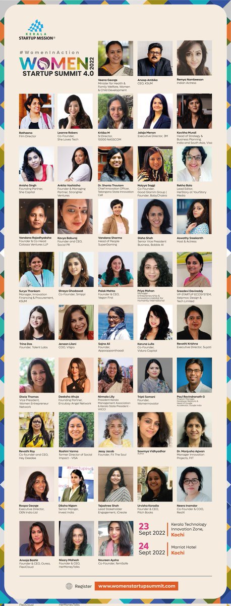 The final list of few dynamic #women #innovators who will join us in the fourth edition of #WomenStartupSummit. Connect, Learn and Grow at the most influential gathering of Women. Join us on 23-24 Sept 2022.
Register: womenstartupsummit.com

#KSUM #Kerala #womenentrepreneurs