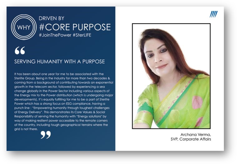 SterlitElectric's tweet photo. Meet Archana Verma, as she talks about how our #corepurpose acts as an enabler in making resilient power accessible to remote corners of the country while serving #humanity.

#DrivenByCorePurpose #SterLIFE #JoinThePower #PowerForAll #EmpoweringHumanity https://t.co/GhxwoIlYgK