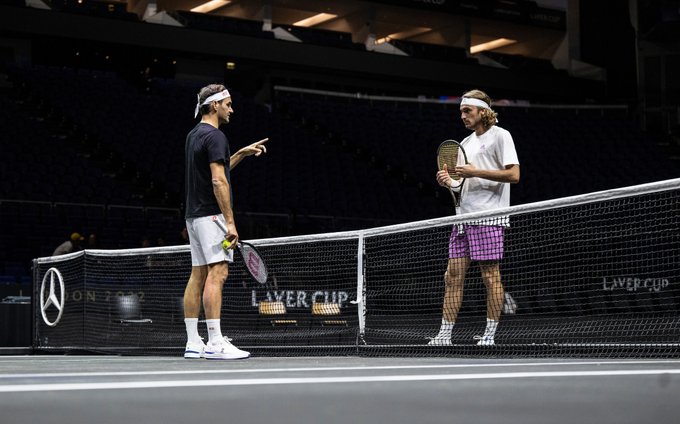 Roger Federer and Stefanos Tsitsipas practice at Laver Cup London 2022