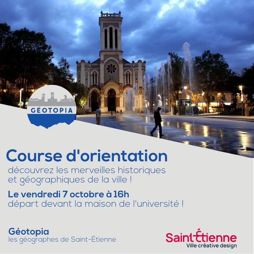 Pour découvrir la ville de #saintetienne l’association organise une course d’orientation le 7 octobre. Rendez-vous devant la maison de l’université <a href="/Univ_St_Etienne/">Université Jean Monnet Saint-Étienne</a> à 16 heures !  
De nombreux lots géographiques sont à gagner 🏆