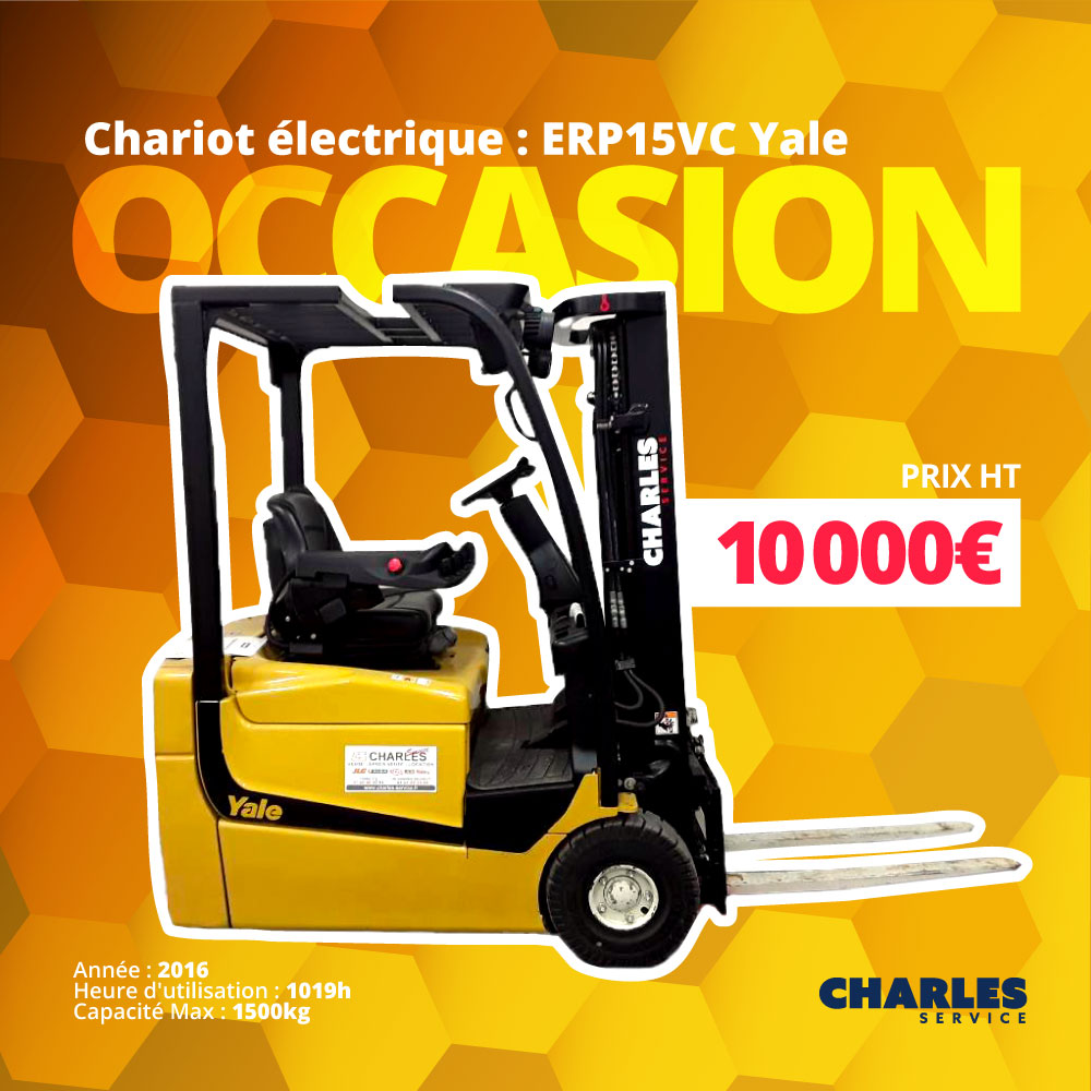 [OCCASION] 
Chariot élévateur électrique ERP15VC Yale 
Prix Ht : 10 000€

Année 2016 
Heure d'utilisation : 1019h
Capacité max : 1500kg

🔗 zcu.io/CLLl 

#occasion #yaleused #charlesservice #forklift