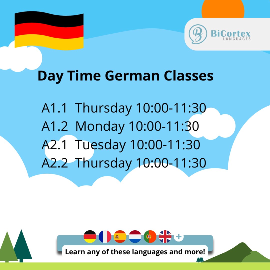 BicortexL's tweet photo. Looking for Beginner 𝗚𝗘𝗥𝗠𝗔𝗡 Lessons? 🇩🇪

Get 𝟏𝟐 𝐱 𝟗𝟎 minute group classes
&amp; one-time 𝟔𝟎-𝐦𝐢𝐧𝐮𝐭𝐞 private class. 

12 Week Course for 𝟏𝟖𝟗€! 😃

Apply to online@bicortexlanguages.com 

#bicortexlanguages #frenchlanguagecourse #frenchlanguageschool #learnfrench https://t.co/oZN0gvRghs