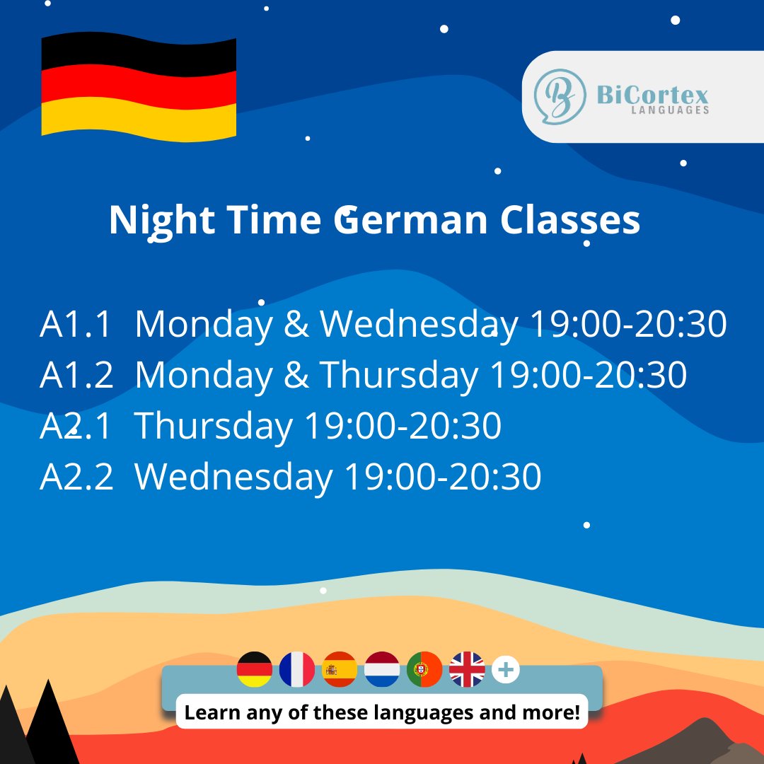 BicortexL's tweet photo. Looking for Beginner 𝗚𝗘𝗥𝗠𝗔𝗡 Lessons? 🇩🇪

Get 𝟏𝟐 𝐱 𝟗𝟎 minute group classes
&amp; one-time 𝟔𝟎-𝐦𝐢𝐧𝐮𝐭𝐞 private class. 

12 Week Course for 𝟏𝟖𝟗€! 😃

Apply to online@bicortexlanguages.com 

#bicortexlanguages #frenchlanguagecourse #frenchlanguageschool #learnfrench https://t.co/oZN0gvRghs