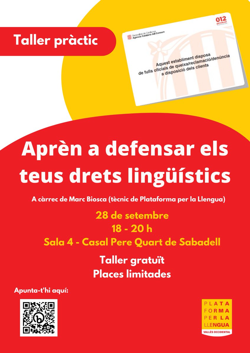 PLVallesOcc's tweet photo. ❓ T'has trobat en situacions en què els teus drets lingüístics s'han vulnerat? A restaurants, botigues o a l'Administració. T'ajudem a saber-hi reaccionar i defensar els teus drets!

✍️ Apunta't al taller pràctic de defensa de drets lingüístics! 

👉 https://t.co/LUnlnrliez https://t.co/14QiywhRen