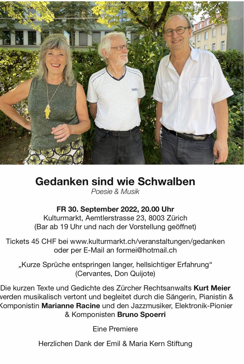 KurtMeier47's tweet photo. Freitag 30.9. 20 Uhr - Begleitet von Musik und Gesang von Marianne Racine und Bruno Spoerri lese aus meinen Gedichten. Freue mich auf Euren Besuch. https://t.co/VHlxUYykS0