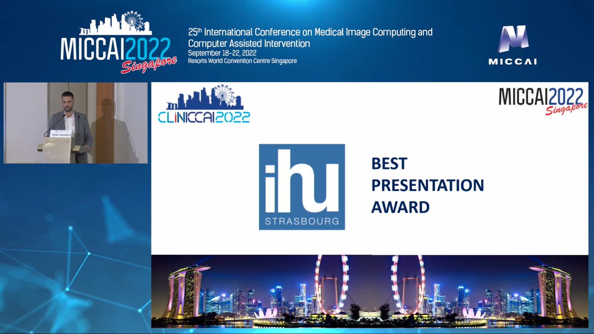 Juan Verde announcing IHU-Strasbourg sponsored #CLINICCAI Best Presentation Award at #MICCAI2022

🥁🥁🥁🥁🥁🥁