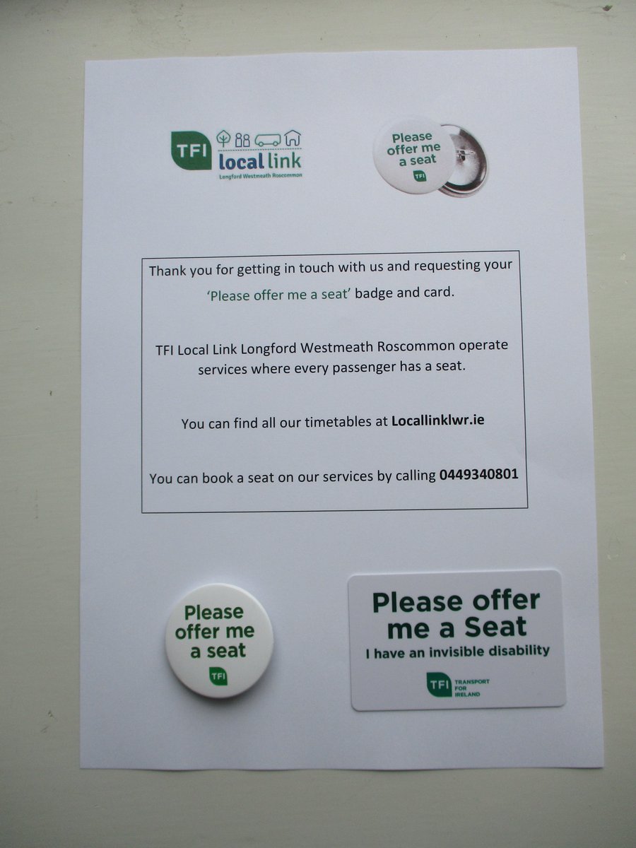 This week we have posted out ten "Please Offer Me a Seat" cards and badges. 
This card was designed to highlight that some passengers may have an Invisible Disability and experience  difficulty standing . 
youtube.com/watch?v=oIJkLH…