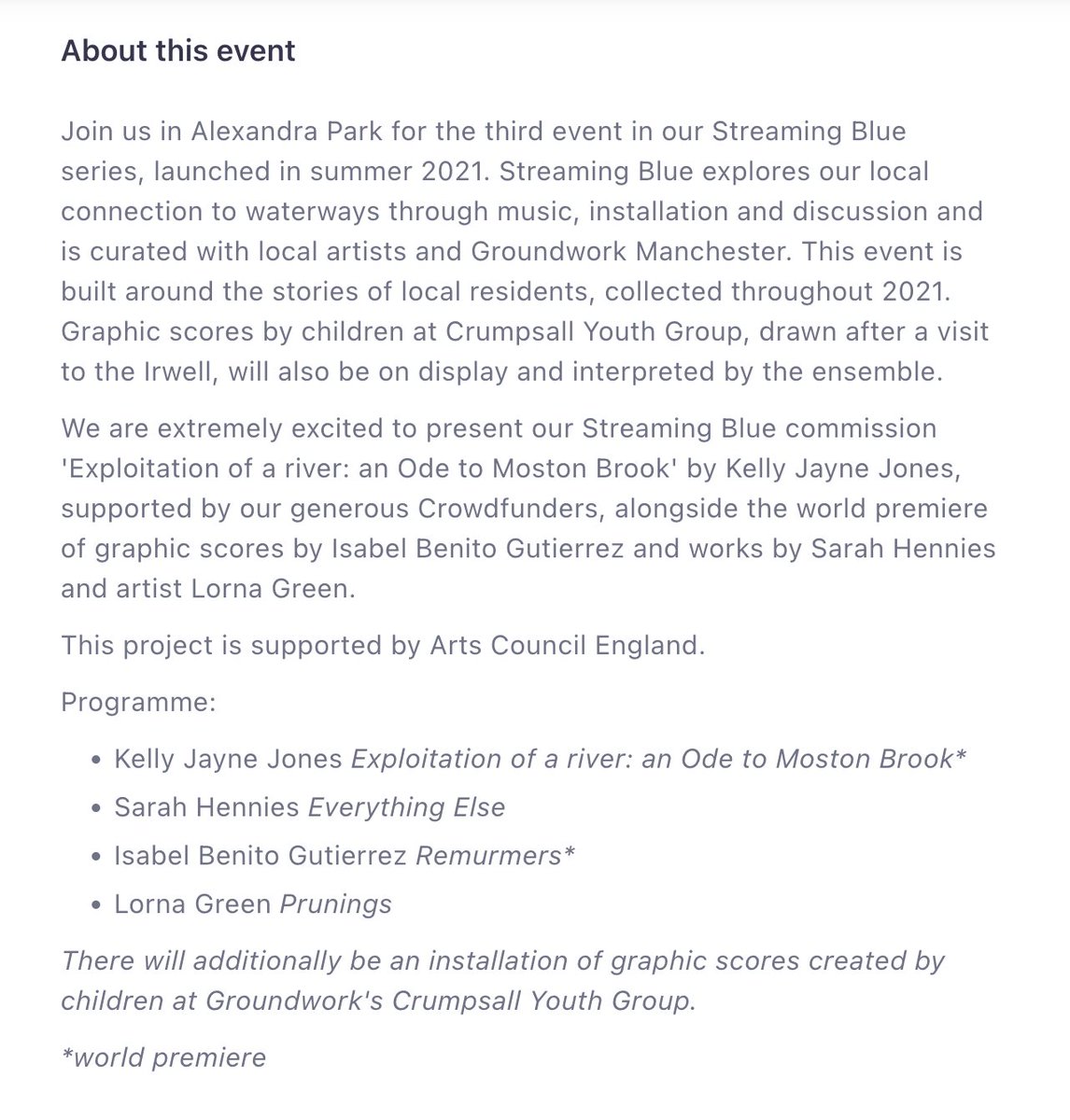 Bofan Ma (@bofantheone) on Twitter photo 'Streaming Blue' Part III <a href="/CoMAManchester/">CoMA Manchester</a> is fast approaching! Join us in Alexandra Park (Whalley Range, Manchester) this Sat afternoon & continue our collective listening to the waterways all around us.
Free registration: eventbrite.co.uk/e/coma-manches… 'Streaming Blue' Part III <a href="/CoMAManchester/">CoMA Manchester</a> is fast approaching! Join us in Alexandra Park (Whalley Range, Manchester) this Sat afternoon & continue our collective listening to the waterways all around us.
Free registration: eventbrite.co.uk/e/coma-manches…