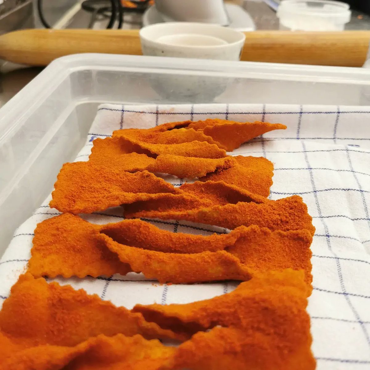 RestaurantBrace's tweet photo. Chiacchiera is an Italian 🇮🇹 classic sweet, according to the books created in the Roman era, prepared during the carnival period and sprinkled with icing sugar.

This is our savory version made with tomato skins and then deep-fried.
Served  together with the crudo of mackerel. https://t.co/0c9P6k4j7X