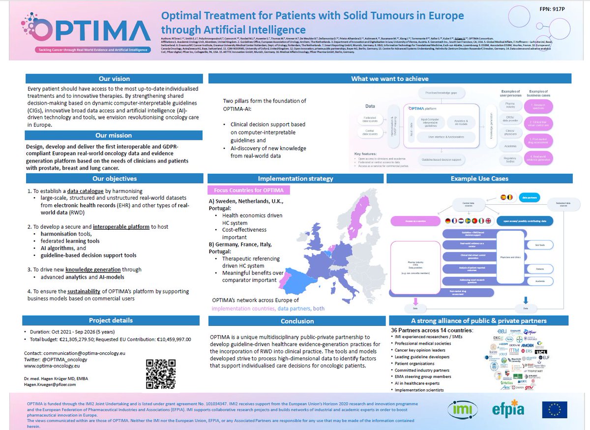 OPTIMA_oncology's tweet photo. βSee the #OPTIMA_oncology poster which we had created for #ESMO2022 in Paris! It provides a great overview of the project, its vision, mission and objectives. Enjoy reading and study. π€ π
#AIforCancer #RealWorldEvidence #EUCancerMission @IHIEurope https://t.co/EbfaIx2piO https://t.co/a1ZHcFAtSQ
