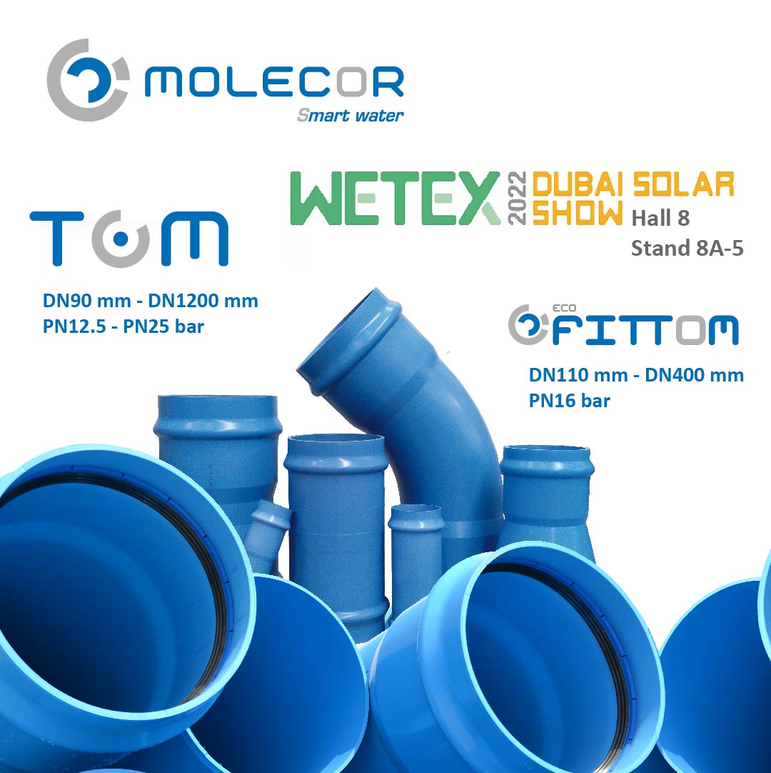 Molecor's tweet photo. Molecor will participate next September 27 and 29 in @WetexDubai . In Hall 8, stand 8-A5, you can find some of the #Molecor products, such as TOM PVC-O pipes and ecoFITTOM PVC-O fittings 🔵.

You can't miss it!!

https://t.co/CcQf42tpwF https://t.co/V8WoVywCm5