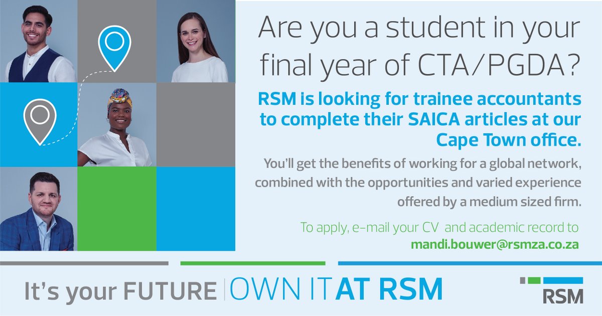 RSM_za's tweet image. Our Cape Town office still has a few spots open for Training Contracts in 2023. Apply today and kickstart your career at RSM!
#traineeaccountant  #FutureCA