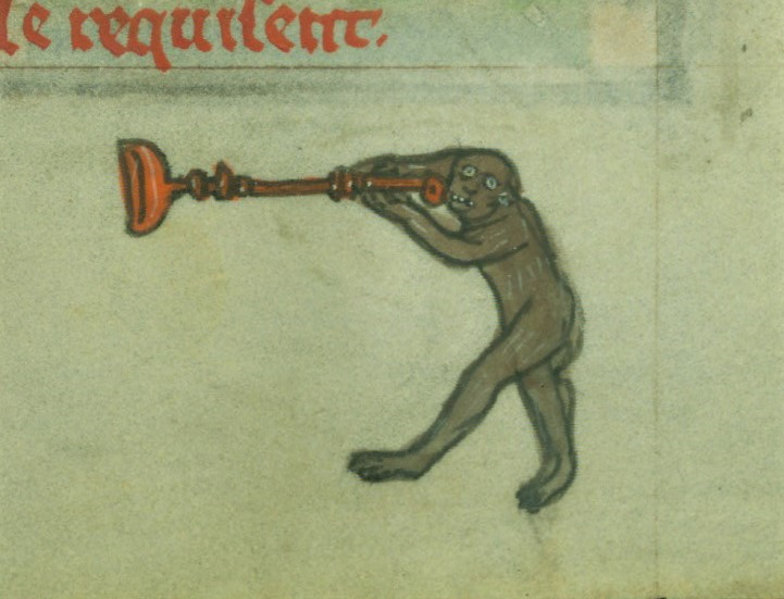 WeirdMedieval's tweet photo. trumpet monkey, belgium, ca. 1300 https://t.co/a3wxoebxmT