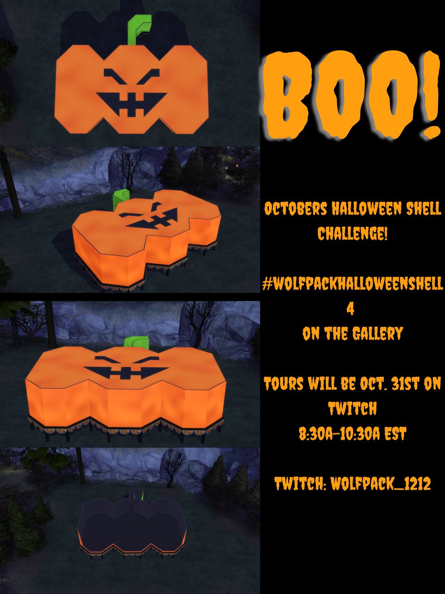 Wolfpack1212's tweet photo. BOO!!!!! Happy Halloween Simmers!!! Here is my shell challenge for the Month of October! Tours will be on my twitch channel October 31st!!! Rules are on the gallery with the shell! https://t.co/4D2pPiSudh
#halloweenshell @TheSims @TheSimmersSquad https://t.co/A5nD1wgkS8