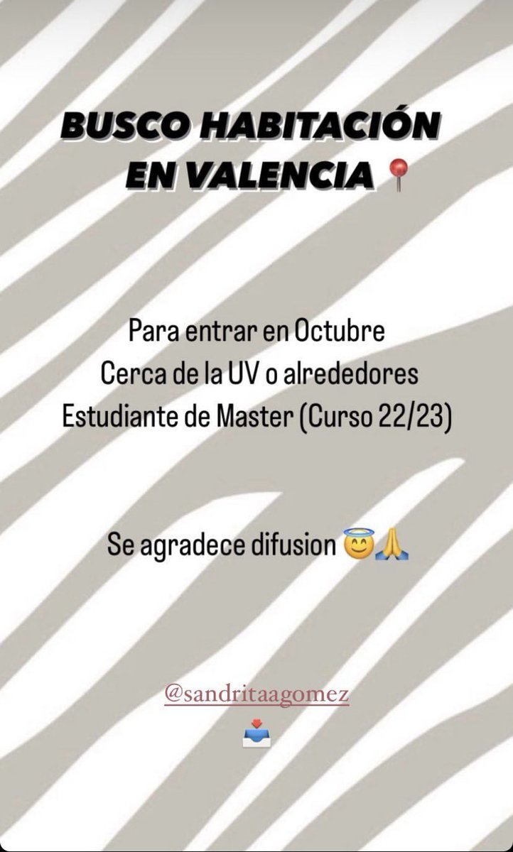 SandritaaGomez's tweet image. Hola! Busco habitación o piso en Valencia para entrar en octubre. Si sabéis de algo 🫶🏻 #pisouv #pisovalencia