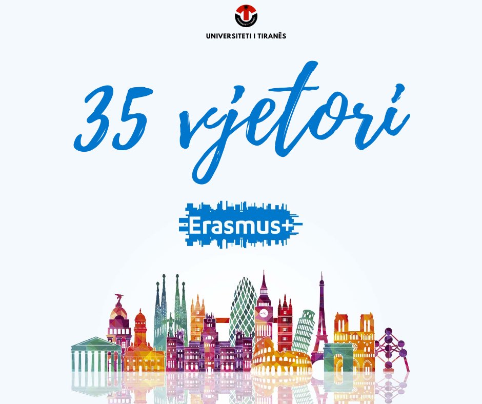 😀35 vjetori i programit Erasmus+
Erasmus + KA1, UT numëron mbi 115 universitete partnere prestigjioze.
Universiteti i Tiranës, gjate viteve 2016-2022, ka fituar 14 projekte të mbështetura nga Programi Erasmus+ KA2.
#universitetiitiranës 
#erasmusplus
#ErasmusPlus35Years